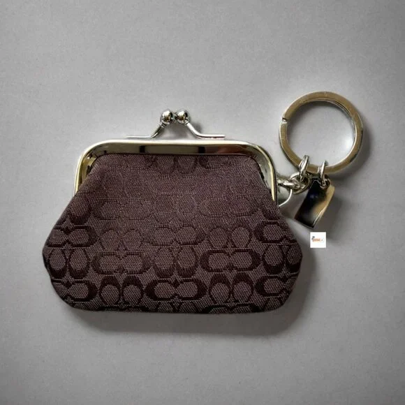 Coach Brown Mini Signature Kisslock Keychain Key Ring Coin Purse - Picture 2 of 4
